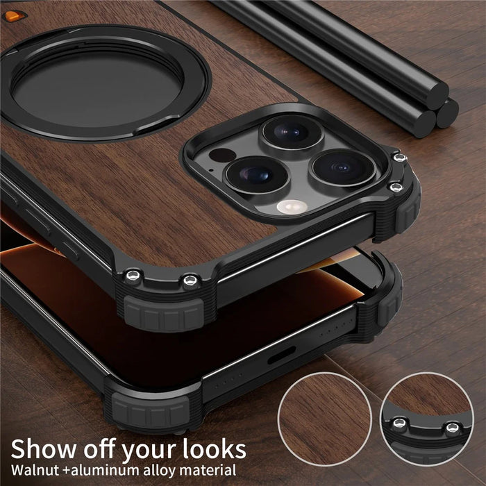 For iPhone 16 Pro Magnetic Case Wood Covered Metal Boardless Phone Back Cover with Kickstand - Black - 4