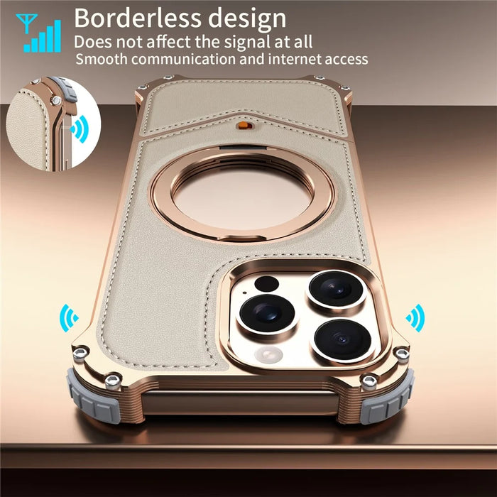 For iPhone 15 Pro Case PU Covered Metal Boardless Phone Back Cover with Kickstand - Gold - 6