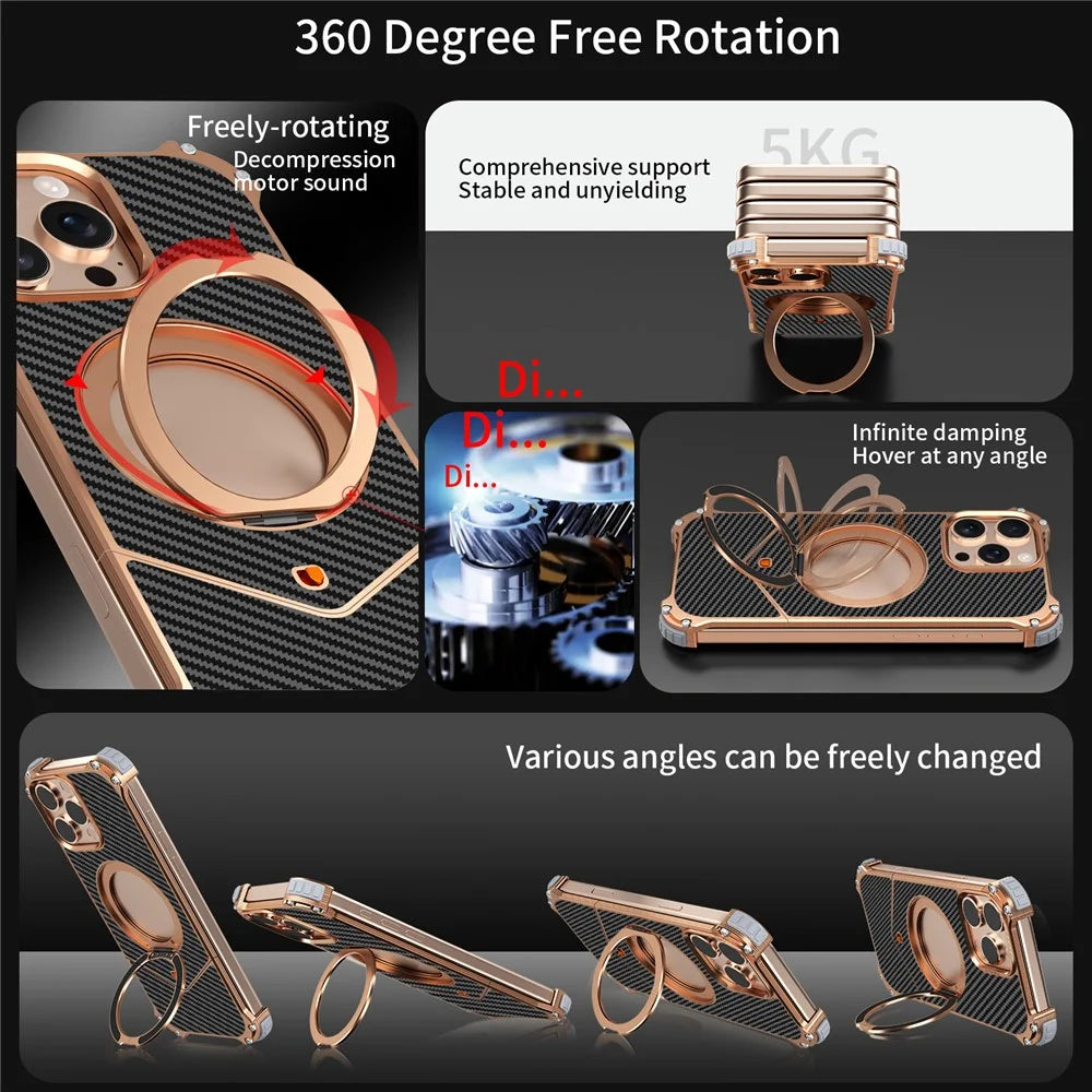 For iPhone 15 Pro Magnetic Case Carbon Fiber Texture PU + Metal Boardless Phone Back Cover with Kickstand - Gold - 3
