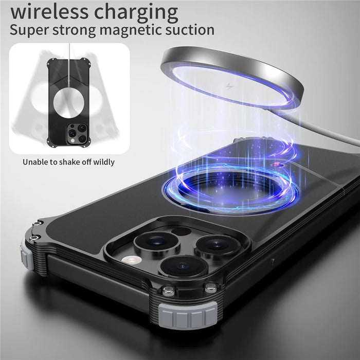 For iPhone 15 Pro Case PC + Metal Boardless Phone Back Cover with Kickstand - Black - 7