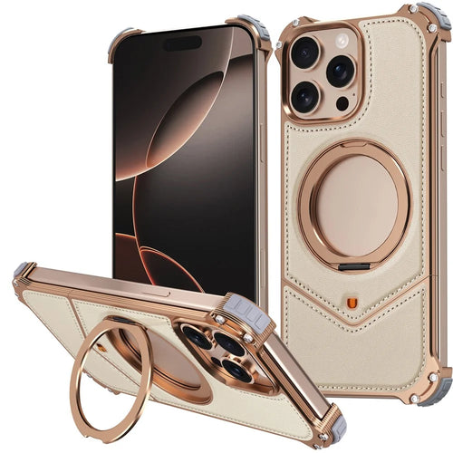 For iPhone 15 Pro Max Case PU Covered Metal Boardless Phone Back Cover with Kickstand - Gold - 1
