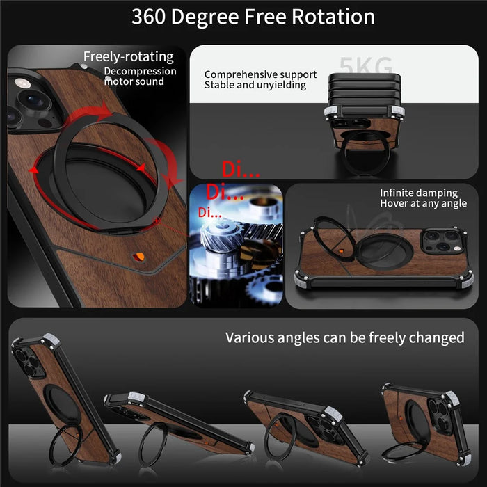 For iPhone 15 Pro Max Magnetic Case Wood Covered Metal Boardless Phone Back Cover with Kickstand - Black - 3