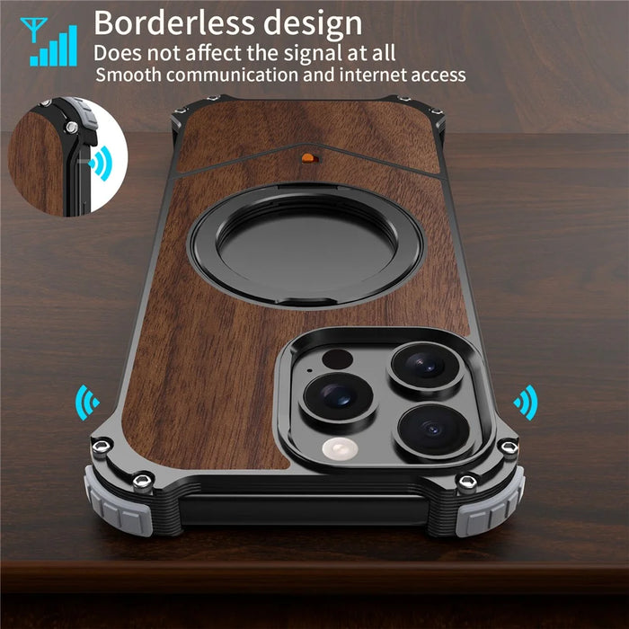 For iPhone 15 Pro Max Magnetic Case Wood Covered Metal Boardless Phone Back Cover with Kickstand - Black - 6