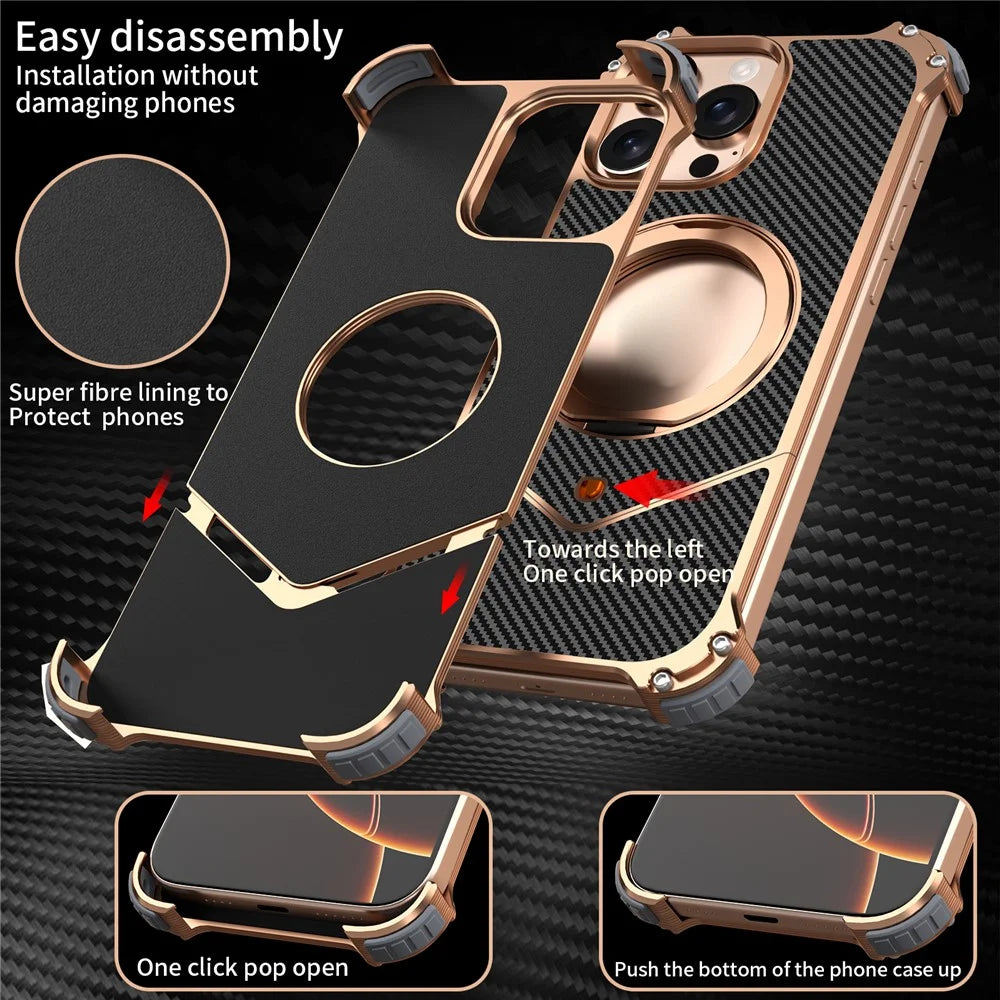 For iPhone 15 Pro Max Magnetic Case Carbon Fiber Texture PU + Metal Boardless Phone Back Cover with Kickstand - Gold - 5