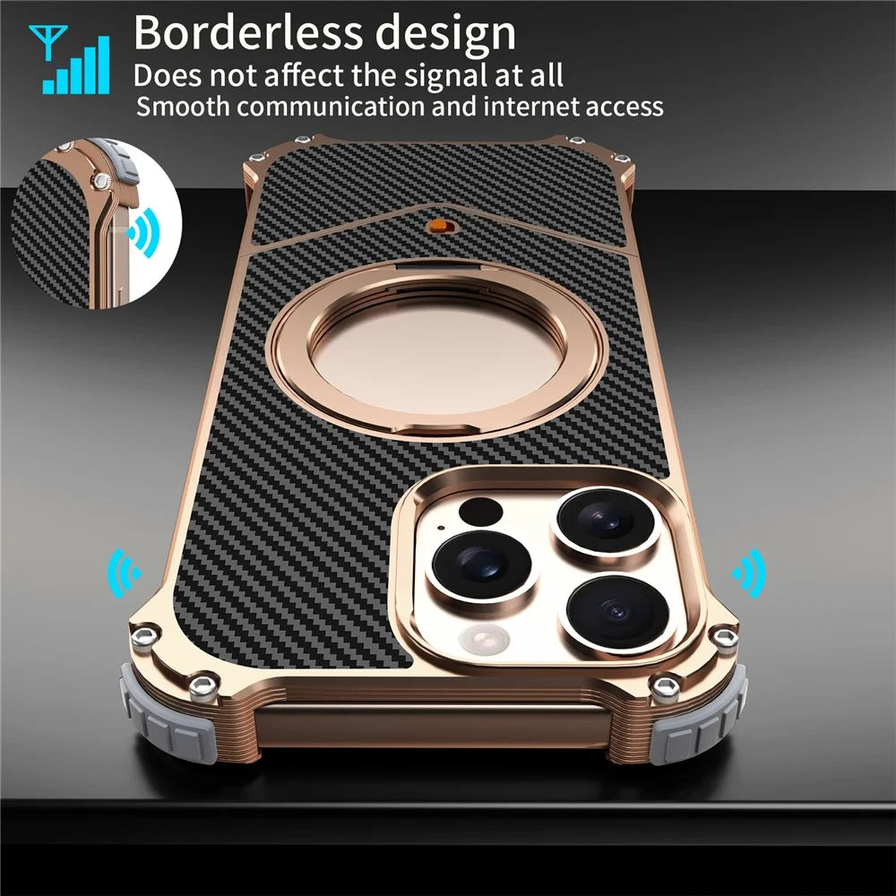 For iPhone 15 Pro Max Magnetic Case Carbon Fiber Texture PU + Metal Boardless Phone Back Cover with Kickstand - Gold - 6