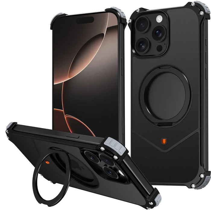 For iPhone 15 Pro Max Case PC + Metal Boardless Phone Back Cover with Kickstand - Black - 1