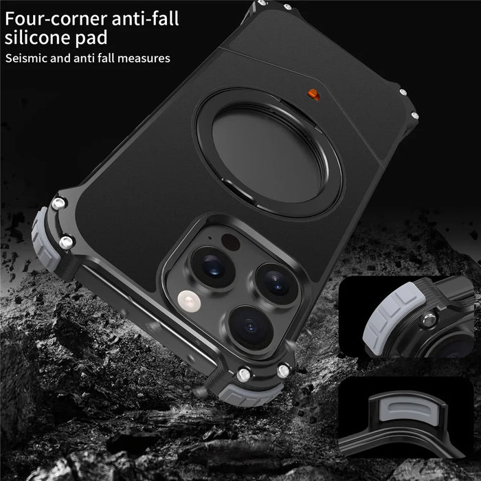 For iPhone 15 Pro Max Case PC + Metal Boardless Phone Back Cover with Kickstand - Black - 2