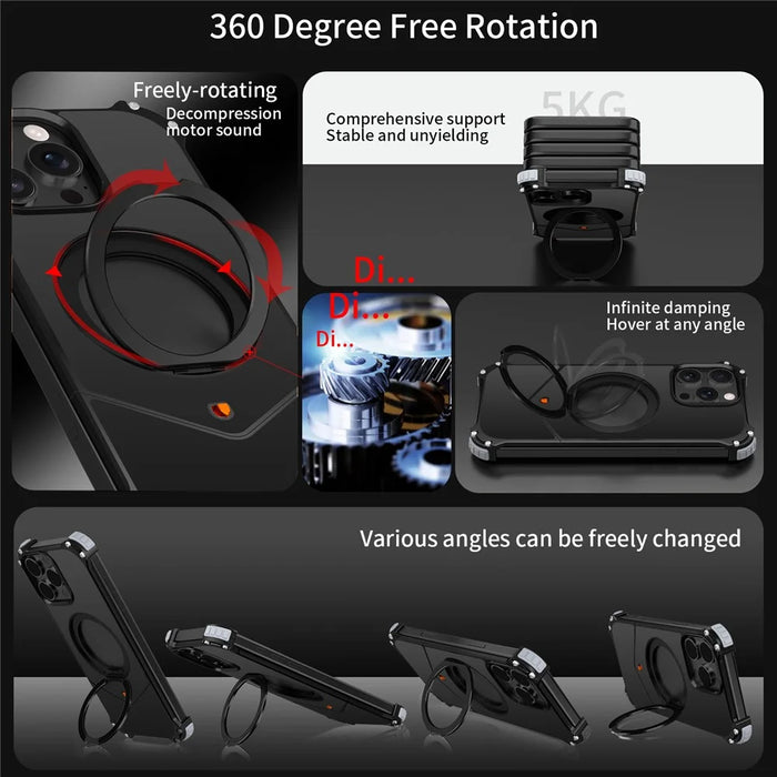 For iPhone 15 Pro Max Case PC + Metal Boardless Phone Back Cover with Kickstand - Black - 3
