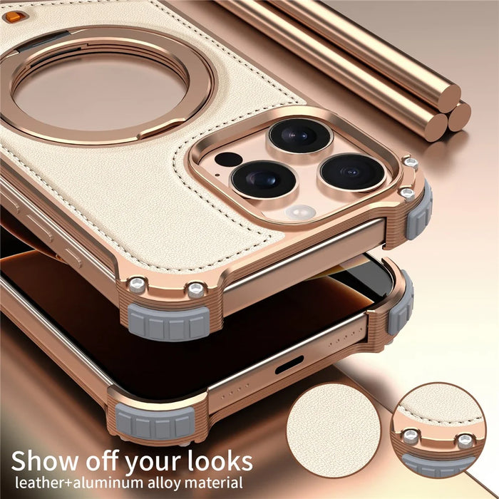 For iPhone 14 Pro Max Case PU Covered Metal Boardless Phone Back Cover with Kickstand - Gold - 4