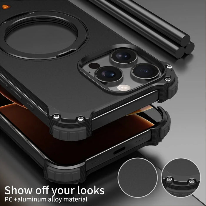 For iPhone 14 Pro Max Case PC + Metal Boardless Phone Back Cover with Kickstand - Black - 4