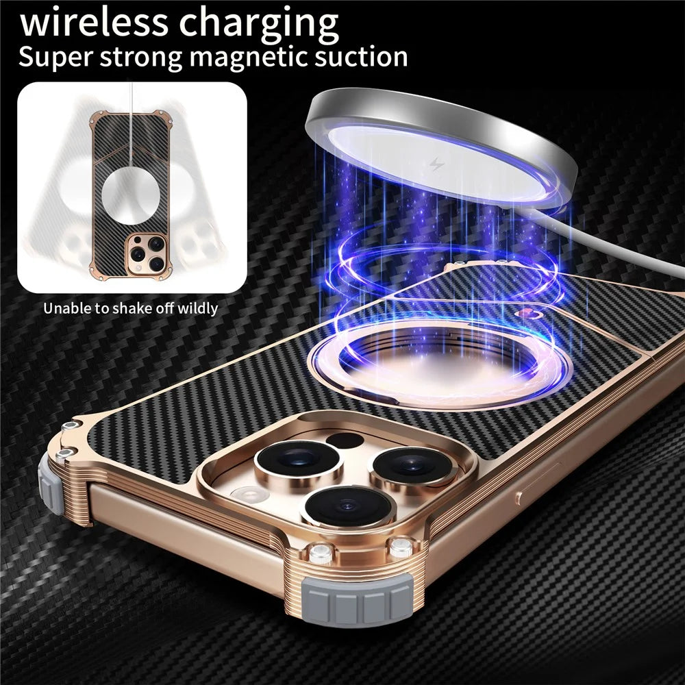 For iPhone 13 Pro Max Magnetic Case Carbon Fiber Texture PU + Metal Boardless Phone Back Cover with Kickstand - Gold - 7