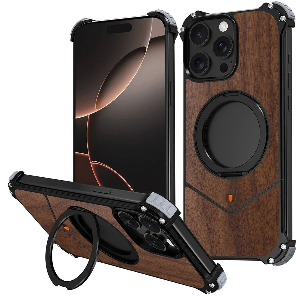 For iPhone 13 Pro Max Case Wood Covered Metal Boardless Phone Back Cover with Kickstand - Black - 1