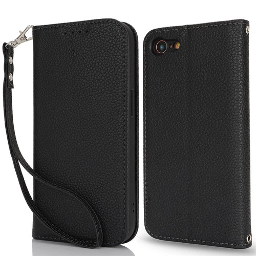 Stand Case for iPhone SE (2022) / (2020) / 8 / 7 Litchi Texture Leather Flip Phone Cover with Strap / Wallet - Black - 1