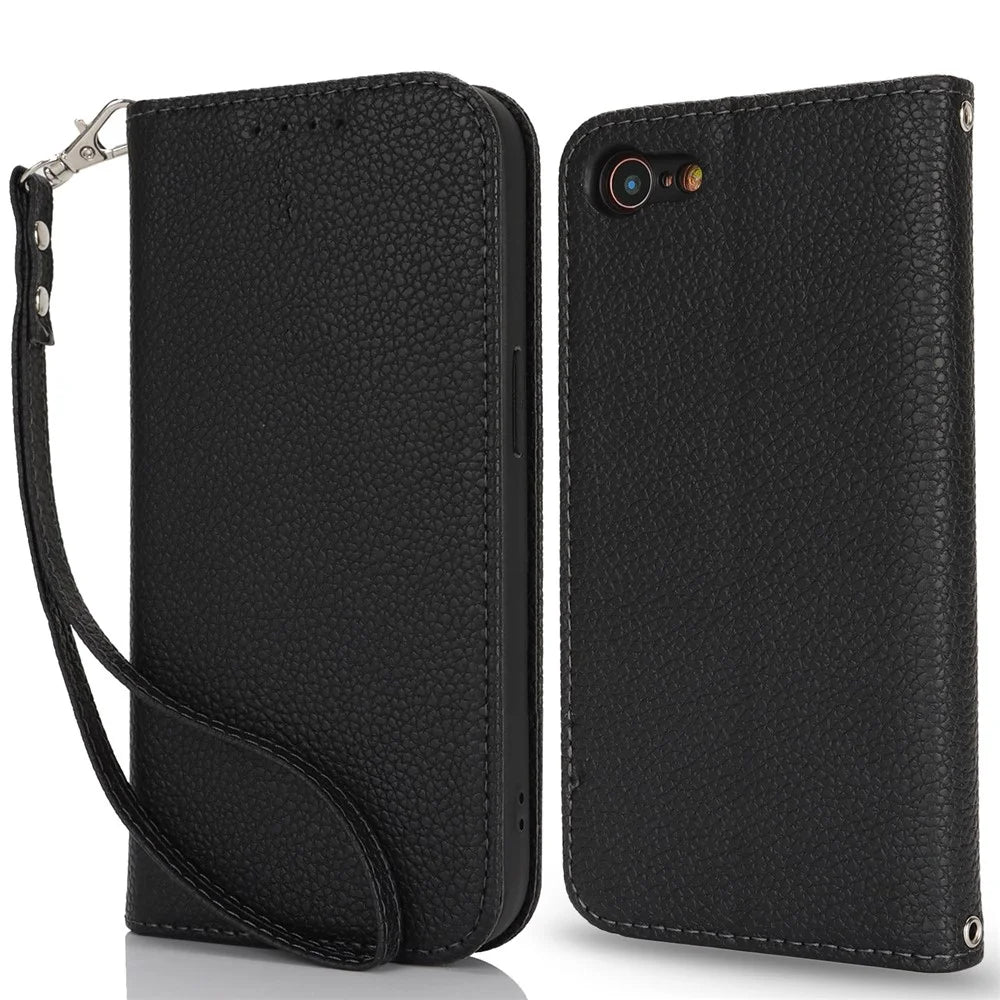 Stand Case for iPhone SE (2022) / (2020) / 8 / 7 Litchi Texture Leather Flip Phone Cover with Strap / Wallet - Black - 1
