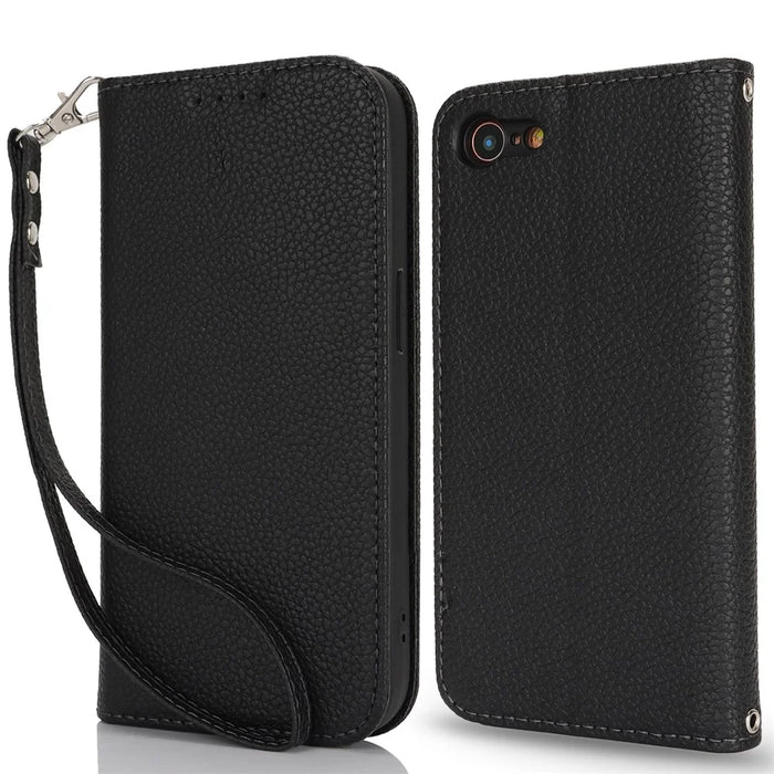 Stand Case for iPhone SE (2022) / (2020) / 8 / 7 Litchi Texture Leather Flip Phone Cover with Strap / Wallet - Black - 1