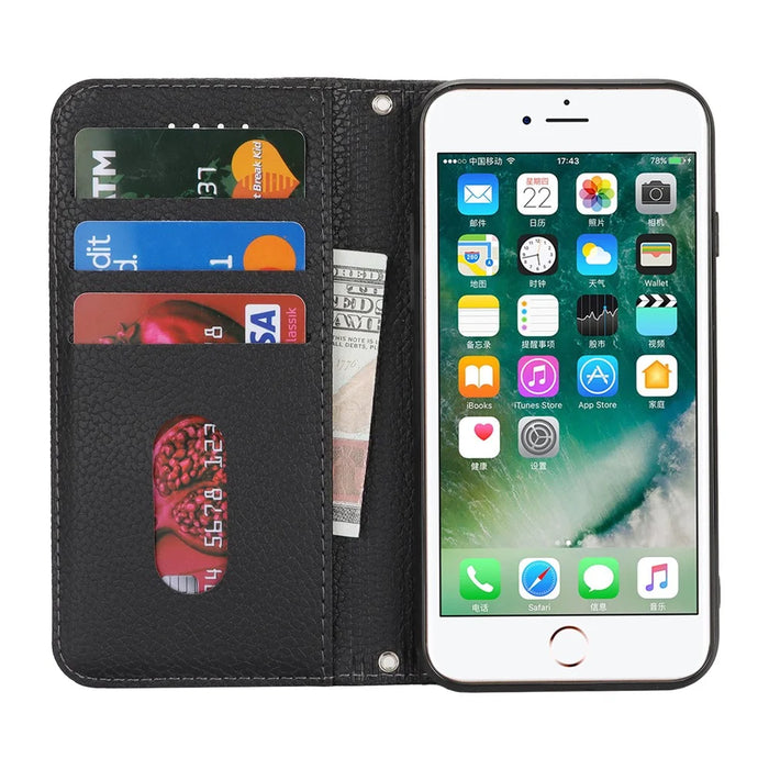 Stand Case for iPhone SE (2022) / (2020) / 8 / 7 Litchi Texture Leather Flip Phone Cover with Strap / Wallet - Black - 2