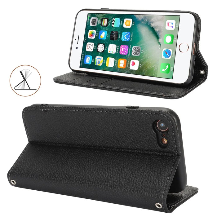 Stand Case for iPhone SE (2022) / (2020) / 8 / 7 Litchi Texture Leather Flip Phone Cover with Strap / Wallet - Black - 3