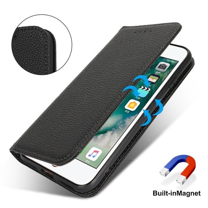 Stand Case for iPhone SE (2022) / (2020) / 8 / 7 Litchi Texture Leather Flip Phone Cover with Strap / Wallet - Black - 4