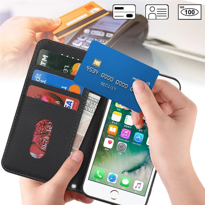 Stand Case for iPhone SE (2022) / (2020) / 8 / 7 Litchi Texture Leather Flip Phone Cover with Strap / Wallet - Black - 5
