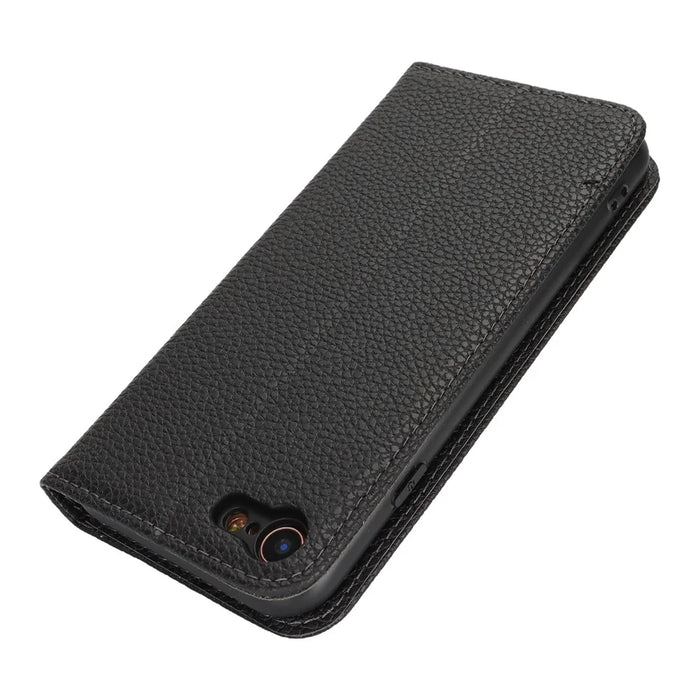 Stand Case for iPhone SE (2022) / (2020) / 8 / 7 Litchi Texture Leather Flip Phone Cover with Strap / Wallet - Black - 7