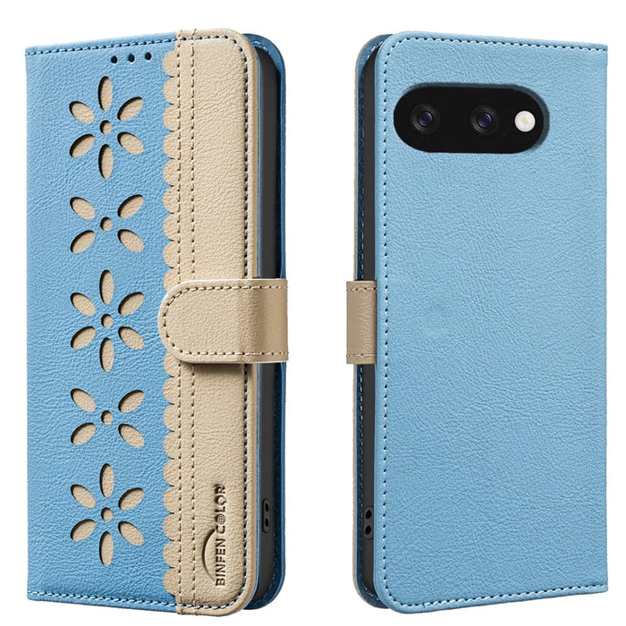 BINFEN COLOR For Google Pixel 9a Leather Case  BF36 Floral Pattern Phone Cover RFID Blocking Wallet Stand - Baby Blue - 1