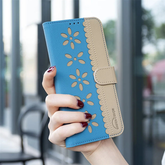 BINFEN COLOR For Google Pixel 9a Leather Case  BF36 Floral Pattern Phone Cover RFID Blocking Wallet Stand - Baby Blue - 7