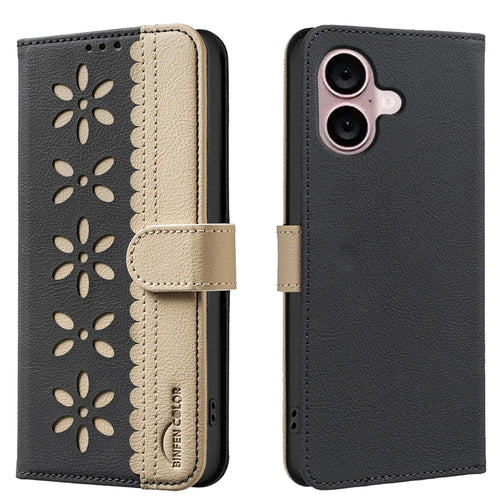 BINFEN COLOR For iPhone 16 Leather Case  BF36 Floral Pattern Phone Cover RFID Blocking Wallet Stand - Black - 1