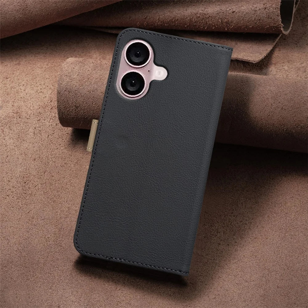 BINFEN COLOR For iPhone 16 Leather Case  BF36 Floral Pattern Phone Cover RFID Blocking Wallet Stand - Black - 5