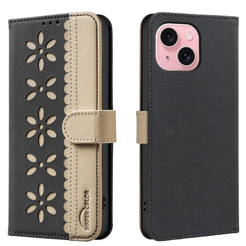 BINFEN COLOR For iPhone 15 Leather Case  BF36 Floral Pattern Phone Cover RFID Blocking Wallet Stand - Black - 1