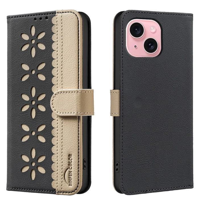 BINFEN COLOR For iPhone 15 Leather Case  BF36 Floral Pattern Phone Cover RFID Blocking Wallet Stand - Black - 1