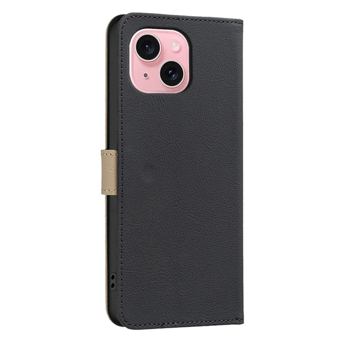 BINFEN COLOR For iPhone 15 Leather Case  BF36 Floral Pattern Phone Cover RFID Blocking Wallet Stand - Black - 3