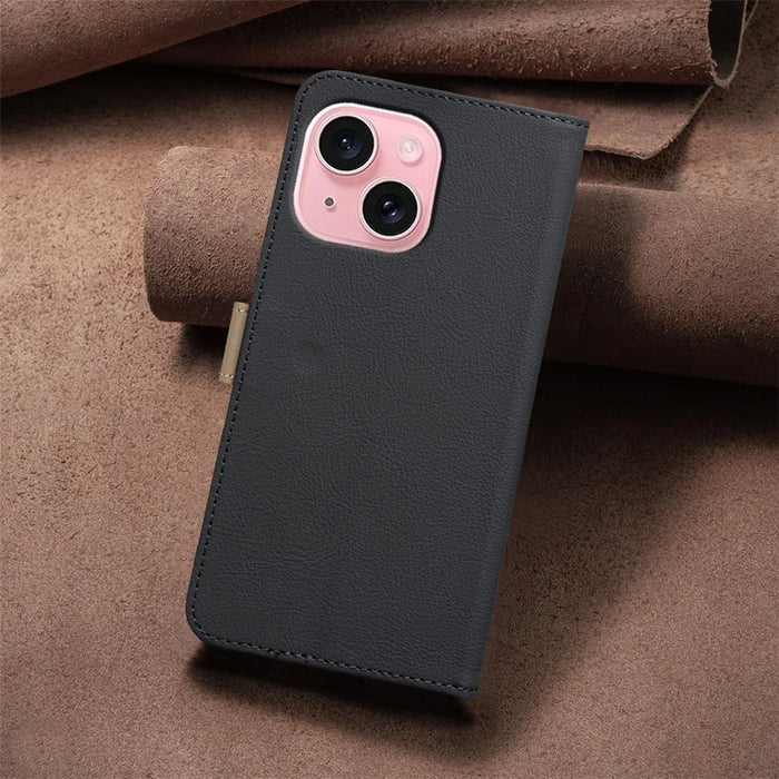 BINFEN COLOR For iPhone 15 Leather Case  BF36 Floral Pattern Phone Cover RFID Blocking Wallet Stand - Black - 5