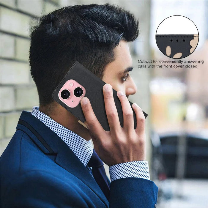 BINFEN COLOR For iPhone 15 Leather Case  BF36 Floral Pattern Phone Cover RFID Blocking Wallet Stand - Black - 6