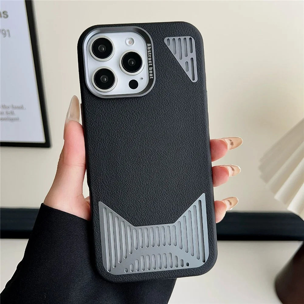 For iPhone 16 Pro Max Magnetic Case PU Leather Aluminium Alloy Heat Dissipation Phone Back Cover - Black - 1