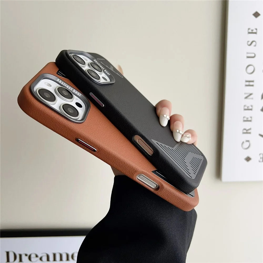 For iPhone 16 Pro Max Magnetic Case PU Leather Aluminium Alloy Heat Dissipation Phone Back Cover - Black - 3
