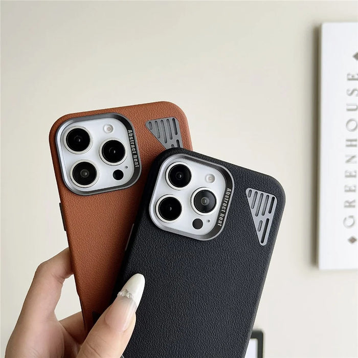 For iPhone 16 Pro Max Magnetic Case PU Leather Aluminium Alloy Heat Dissipation Phone Back Cover - Black - 4