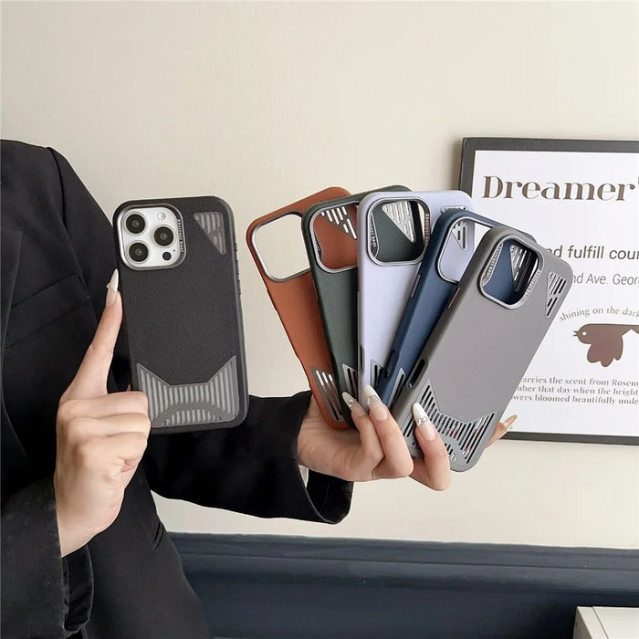 For iPhone 16 Pro Max Magnetic Case PU Leather Aluminium Alloy Heat Dissipation Phone Back Cover - Black - 6