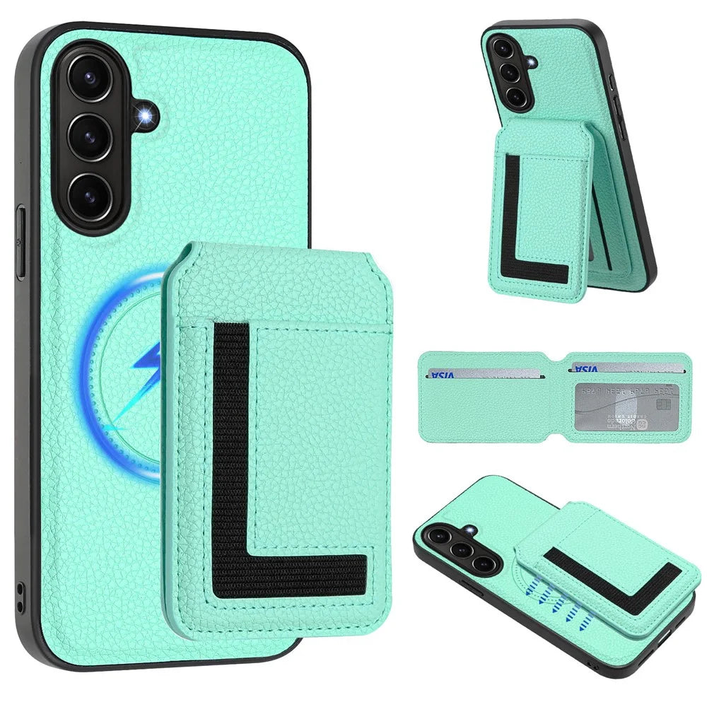 For Samsung Galaxy A37 5G / A56 5G / A36 5G Magnetic Case TPU + PU Leather Phone Back Cover with Detachable Card Holder - Mint Green - 1