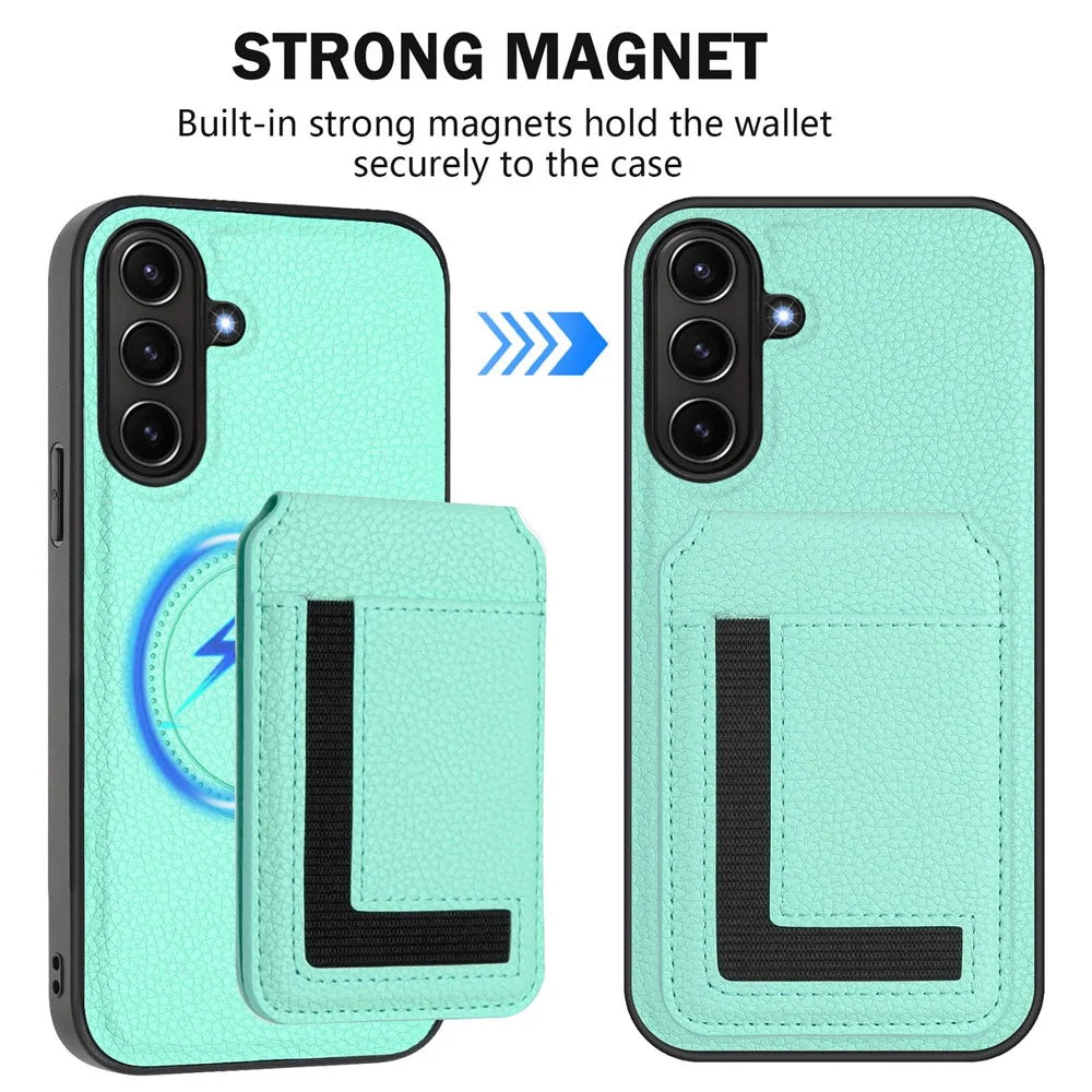 For Samsung Galaxy A37 5G / A56 5G / A36 5G Magnetic Case TPU + PU Leather Phone Back Cover with Detachable Card Holder - Mint Green - 3