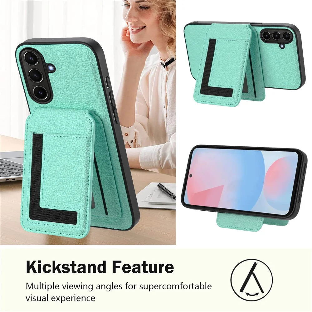 For Samsung Galaxy A37 5G / A56 5G / A36 5G Magnetic Case TPU + PU Leather Phone Back Cover with Detachable Card Holder - Mint Green - 4