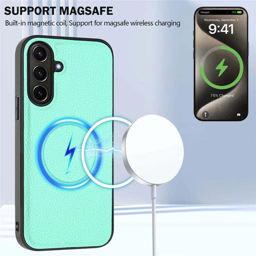 For Samsung Galaxy A37 5G / A56 5G / A36 5G Magnetic Case TPU + PU Leather Phone Back Cover with Detachable Card Holder - Mint Green - 6