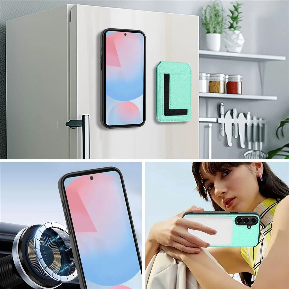 For Samsung Galaxy A37 5G / A56 5G / A36 5G Magnetic Case TPU + PU Leather Phone Back Cover with Detachable Card Holder - Mint Green - 7