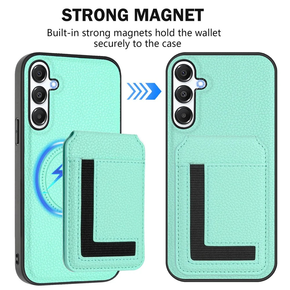For Samsung Galaxy A54 5G Magnetic Case TPU + PU Leather Phone Back Cover with Detachable Card Holder - Mint Green - 3
