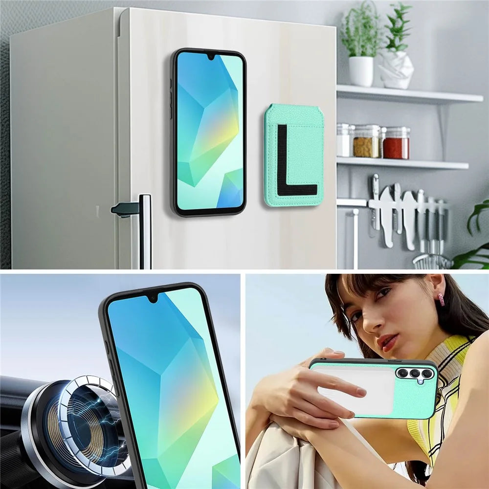 For Samsung Galaxy A54 5G Magnetic Case TPU + PU Leather Phone Back Cover with Detachable Card Holder - Mint Green - 7