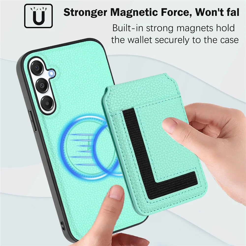 For Samsung Galaxy A26 5G Magnetic Case TPU + PU Leather Phone Back Cover with Detachable Card Holder - Mint Green - 5