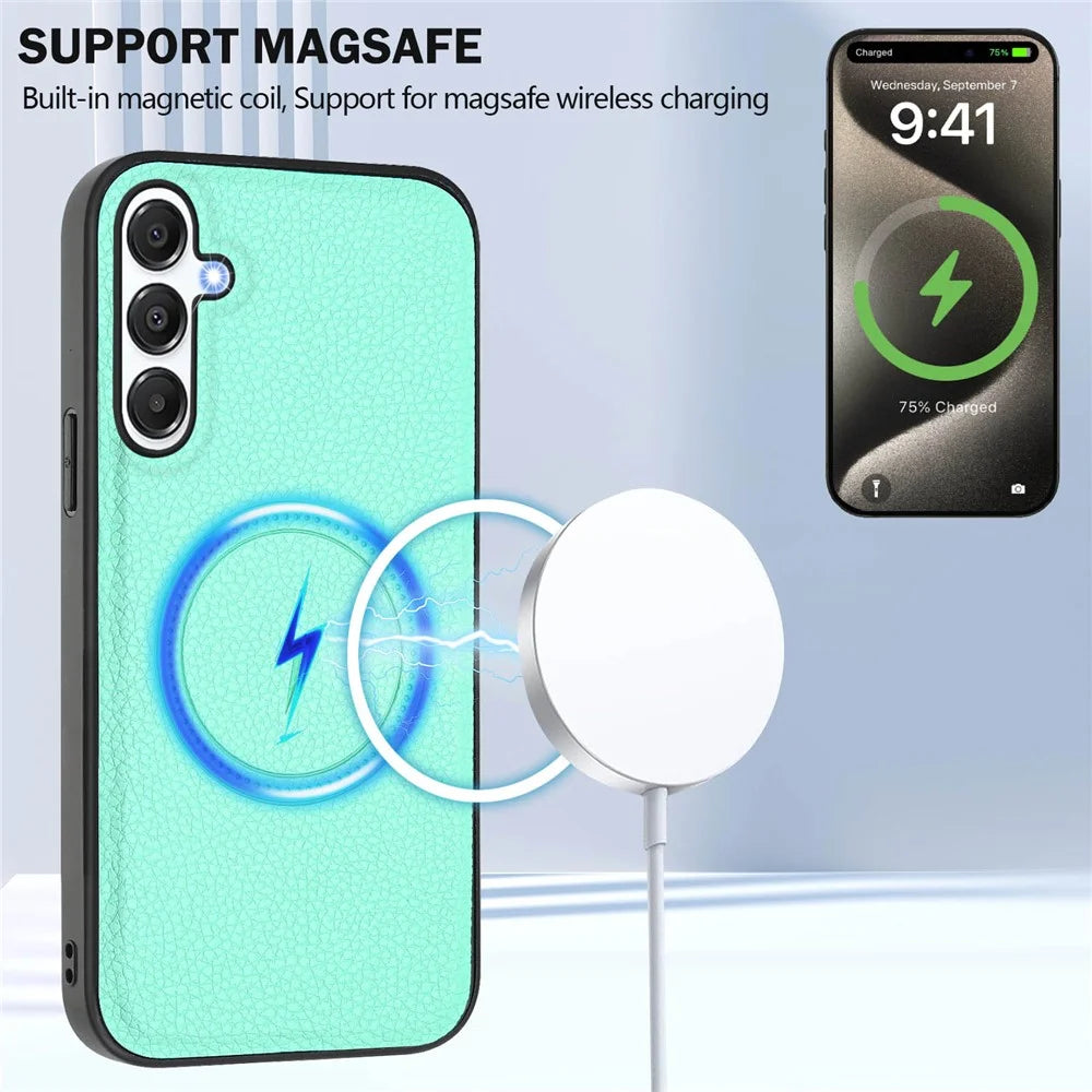 For Samsung Galaxy A26 5G Magnetic Case TPU + PU Leather Phone Back Cover with Detachable Card Holder - Mint Green - 6