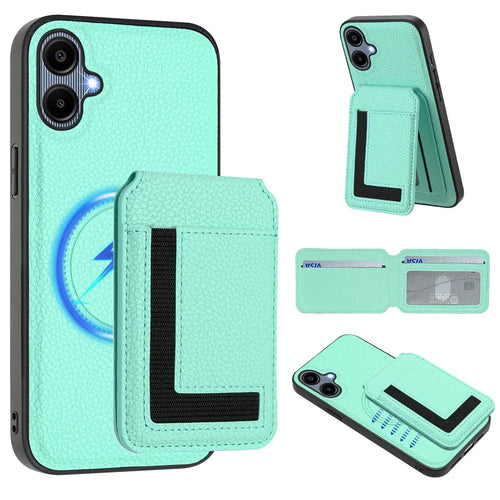 For Samsung Galaxy A05 4G Magnetic Case TPU + PU Leather Phone Back Cover with Detachable Card Holder - Mint Green - 1