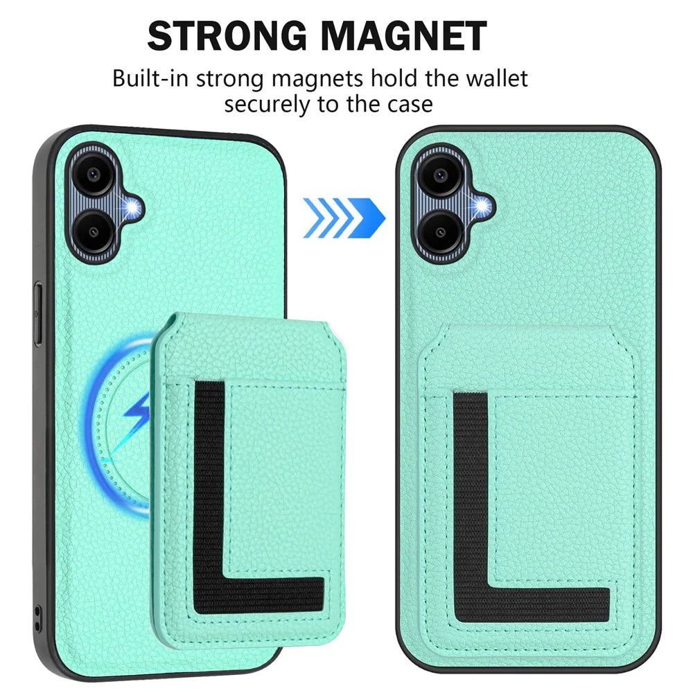For Samsung Galaxy A05 4G Magnetic Case TPU + PU Leather Phone Back Cover with Detachable Card Holder - Mint Green - 3