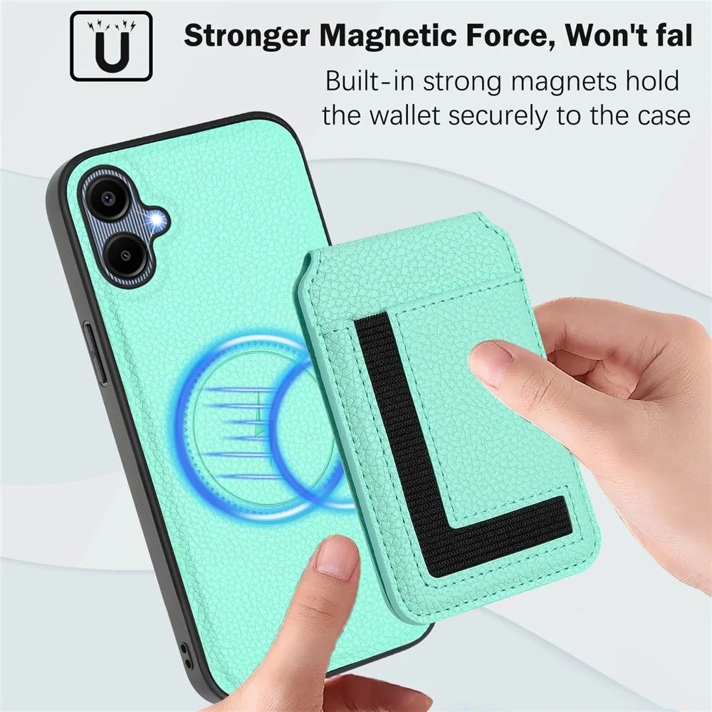 For Samsung Galaxy A05 4G Magnetic Case TPU + PU Leather Phone Back Cover with Detachable Card Holder - Mint Green - 5