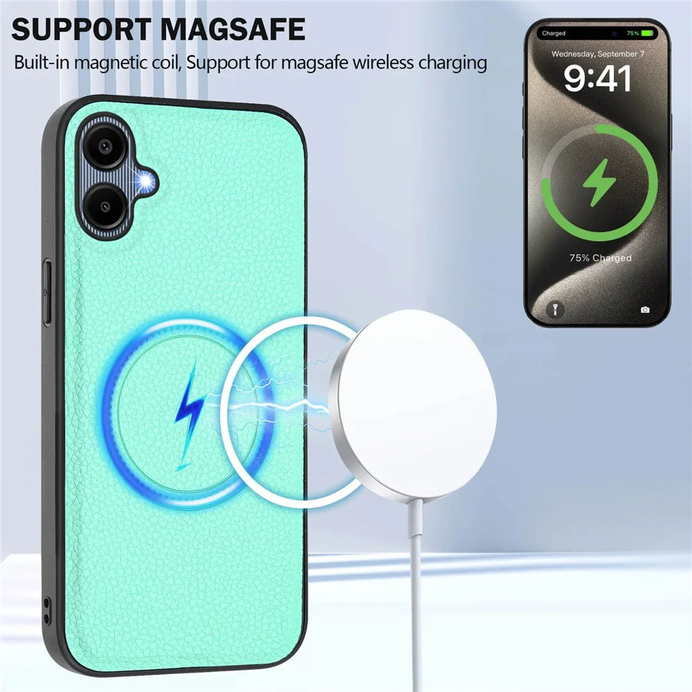 For Samsung Galaxy A05 4G Magnetic Case TPU + PU Leather Phone Back Cover with Detachable Card Holder - Mint Green - 6